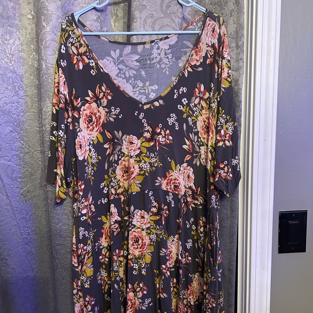 Torrid Floral V-Neck Dress with Pink and Green Accents